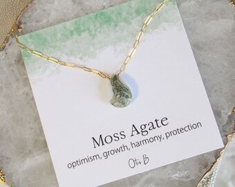 Moss agate necklace, healing stone pendant necklace, boho jewelry gift for her, heart chakra gemstone necklace, crystal layering necklaces