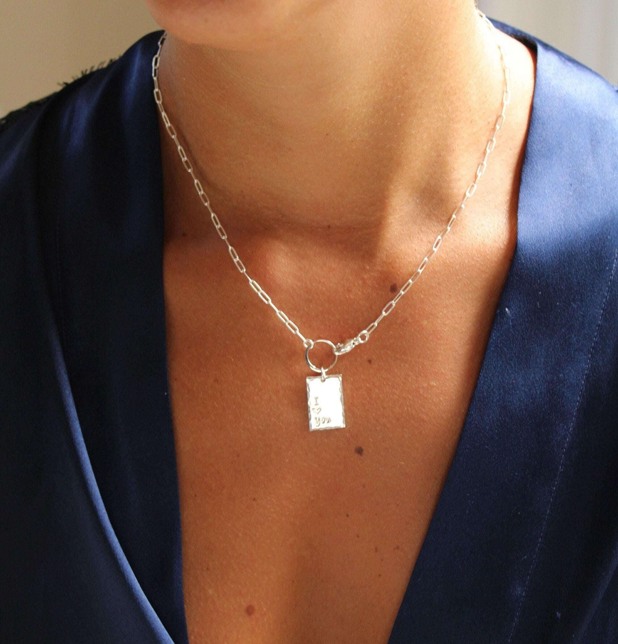 Personalized necklaces for women, square necklace, hand stamped name monogram initial necklace, waterproof paperclip chain necklaces for her