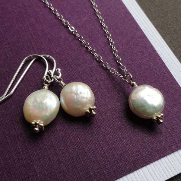 Classique Bridal and Flower Girl Set, White Freshwater Pearl Earrings and Necklace, sterling silver, Great Bridesmaid Gift