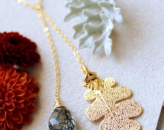Oak leaf necklace, custom stone, fall jewelry, gemstone Y necklace, lariat necklaces for women, boho jewelry, Black tourmaline quartz