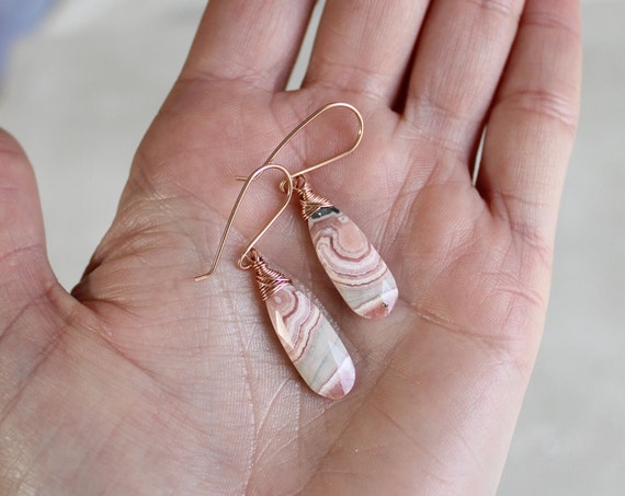 Dangling Rhodochrosite Earrings, Rose Gold Gemstone Earrings, Pink Teardrop  Earrings, Healing Stone Jewelry, Wire Wrapped Raw Stone Earrings - Etsy