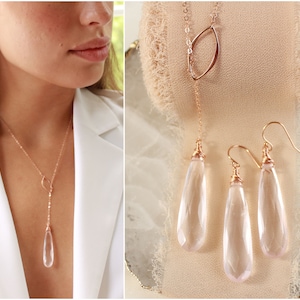 Rose Quartz necklace & earring set, rose quartz statement jewelry, large rose quartz teardrop pendant, Pink quartz Y necklace,crystal lariat