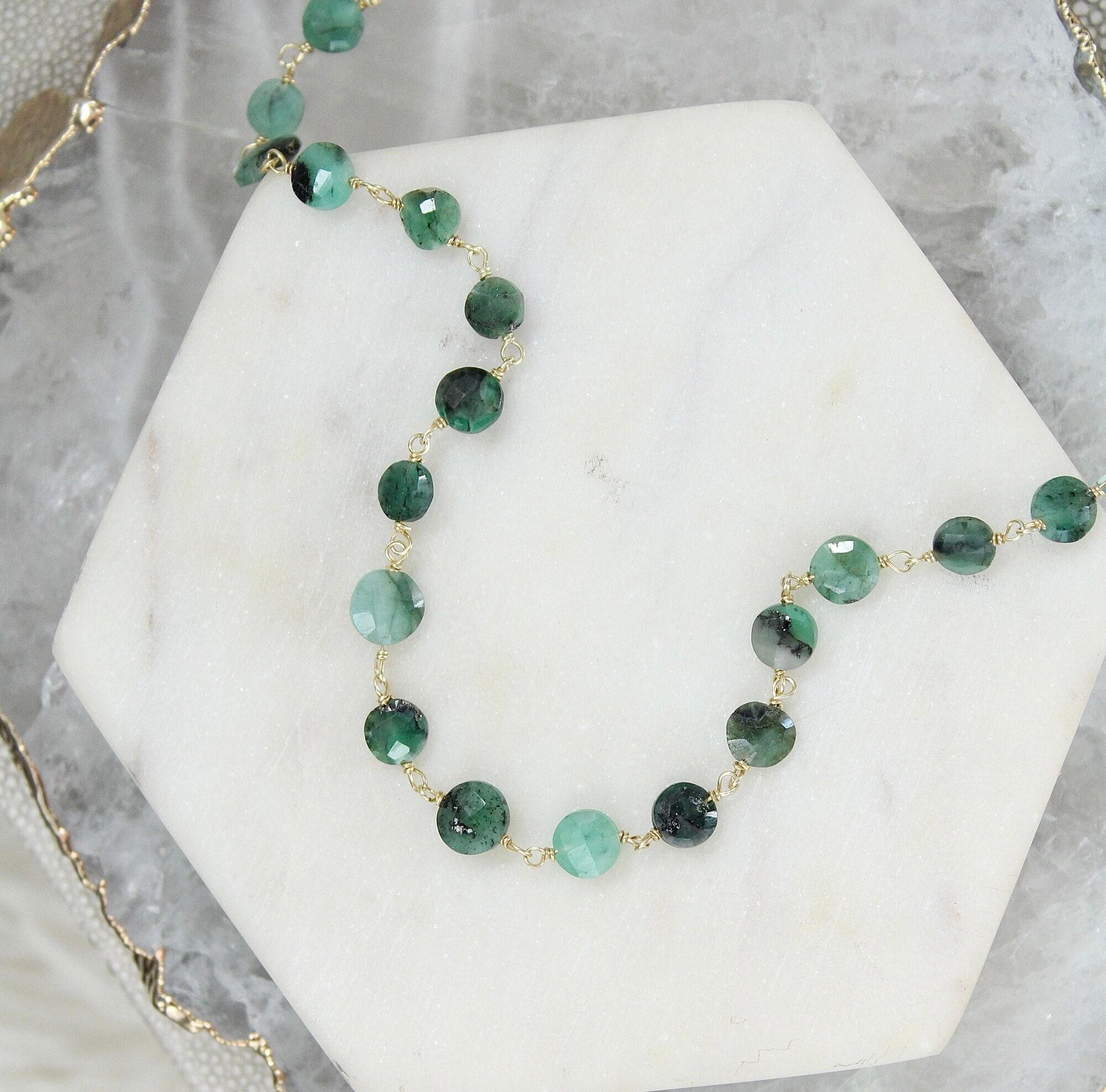 Green raw emerald beaded choker necklace gold, handmade boho gemstone  jewelry, gift for her, dainty layering necklace, may birthstone