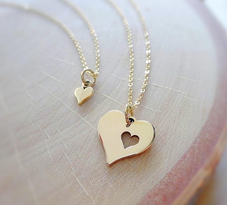 Mothers Day gift gift for mom and daughter, matching heart charm necklace set, mom of multiples, 925 silver 14k gf, gift for wife & child image 2