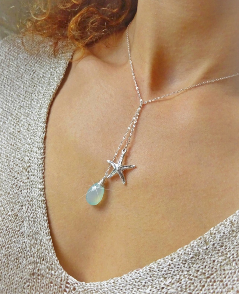 Bridesmaid necklace gift, Starfish necklace, bridesmaid gift,destination wedding,Y necklace, aqua jewelry for bridesmaids,maid of honor gift image 2