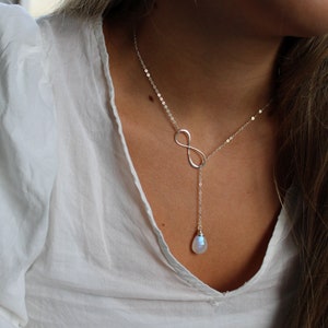 Personalized Infinity necklace, custom birthstone, sterling silver or gold filled, wire wrapped gemstone drop necklace, moonstone drop