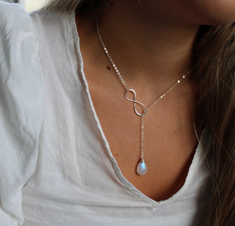 Personalized Infinity necklace, custom birthstone, sterling silver or gold filled, wire wrapped gemstone drop necklace, moonstone drop 