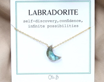 Crescent moon necklace, labradorite necklace, witchy jewelry, celestial, moon joy, gift for her, waterproof