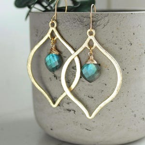 Labradorite Lotus Hoop Earrings: Wire Wrapped Gemstone, 14K GF Hooks