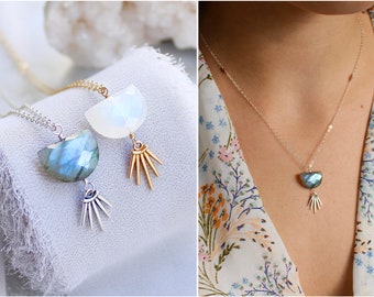 Half moon gemstone necklace, labradorite pendant, moonstone necklace, gemstone layering necklaces, sterling silver, 14K GF boho necklace