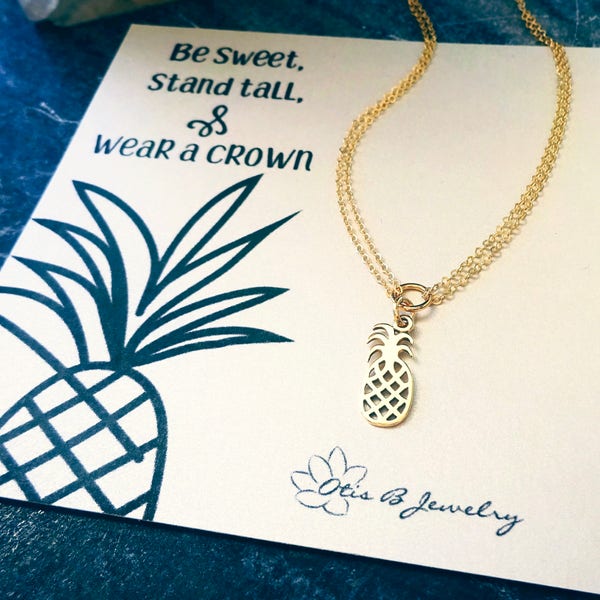 Pineapple charm bracelet with adjustable clasp, gold fill sterling silver, meaningful inspirational inspiring gift message card set Otis B