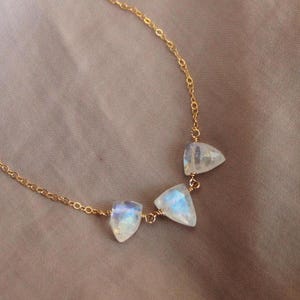 Rainbow Moon stone three stone Necklace, Dainty Gemstone Jewelry, June Birthstone gift for her, Gemini gift for women image 2