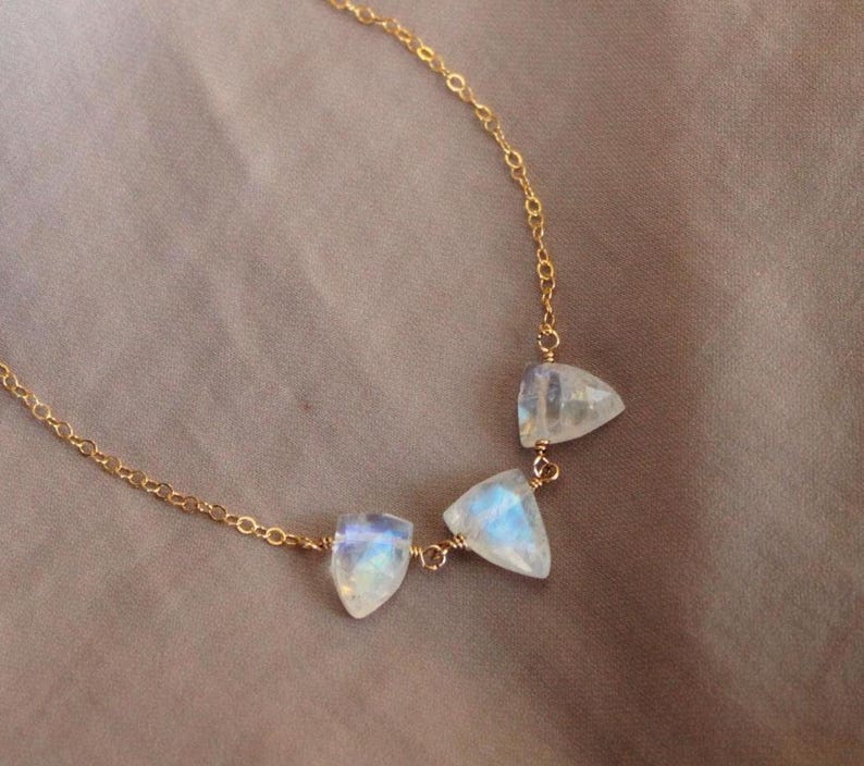 Rainbow Moon stone three stone Necklace, Dainty Gemstone Jewelry, June Birthstone gift for her, Gemini gift for women image 2
