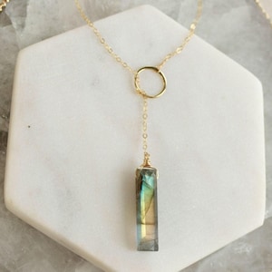 Long crystal necklaces for women, labradorite necklace, custom gemstone Y necklace, jewelry gift for her, boho jewelry, modern necklaces
