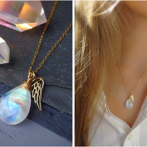 Angel wing charm necklace, Moonstone pendant, rainbow baby necklace, sympathy gift for her, bereavement gift, loss of parent gift