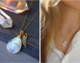 Angel wing charm necklace, Moonstone pendant, rainbow baby necklace, sympathy gift for her, bereavement gift, loss of parent gift