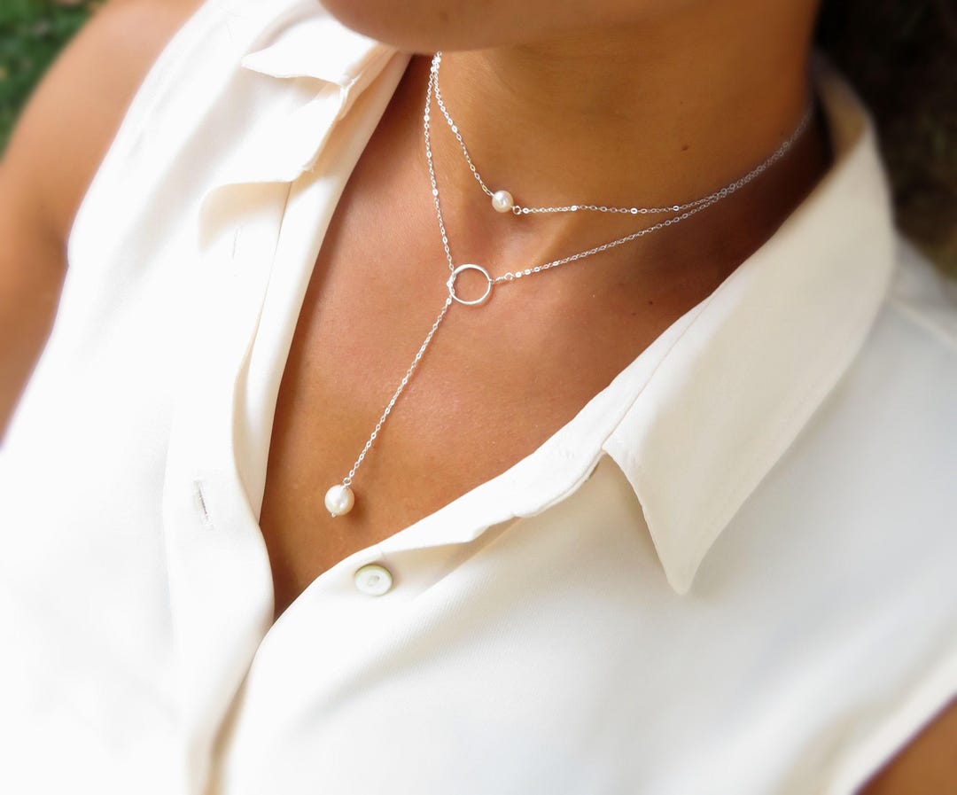 【TATIANA】(Silver925) Delicate Pearl Y Chain Necklace Delicate Pearl Y Necklace, Long Pearl Necklace, Lariat