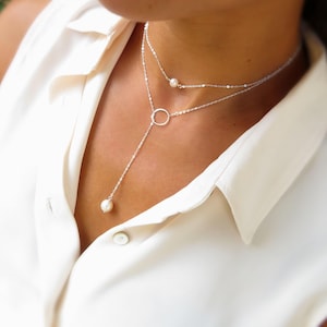 Delicate Pearl Y necklace, Long Pearl necklace, Lariat Necklace, 925 silver 14K GF, jewelry for bridesmaids, wedding jewelry for bride