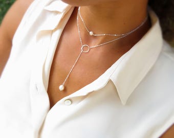 Delicate Pearl Y necklace, Long Pearl necklace, Lariat Necklace, 925 silver 14K GF, jewelry for bridesmaids, wedding jewelry for bride