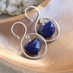 Lapis Lazuli earrings, silver hoop earrings, handmade semi precious gem stone jewelry, gift for her, crystal earrings, boho jewelry, Otis B