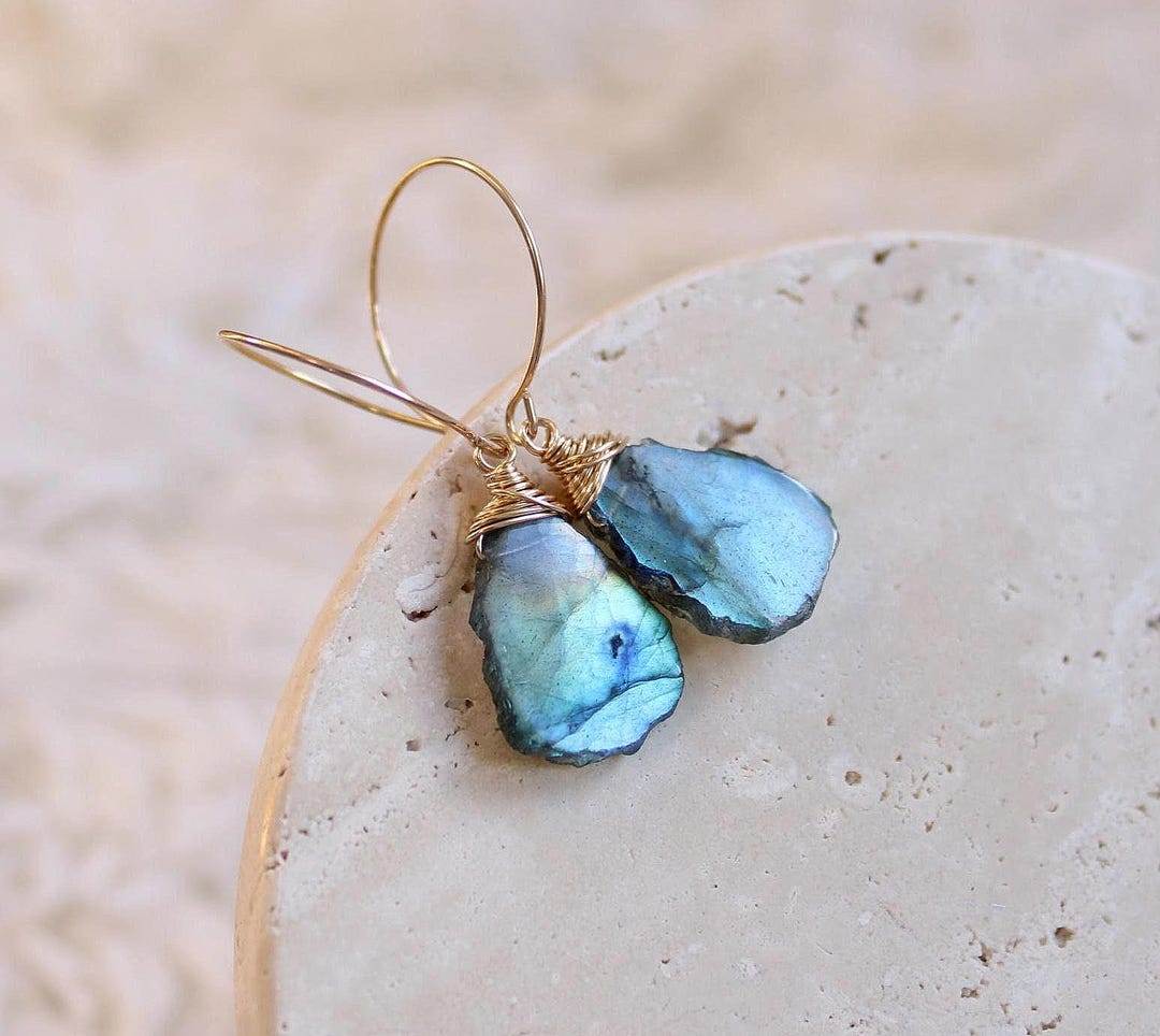 Labradorite - Orecchini pendenti eterni [placcati in oro 18 carati, argento sterling, ipoallergenici, leggeri] - Italia