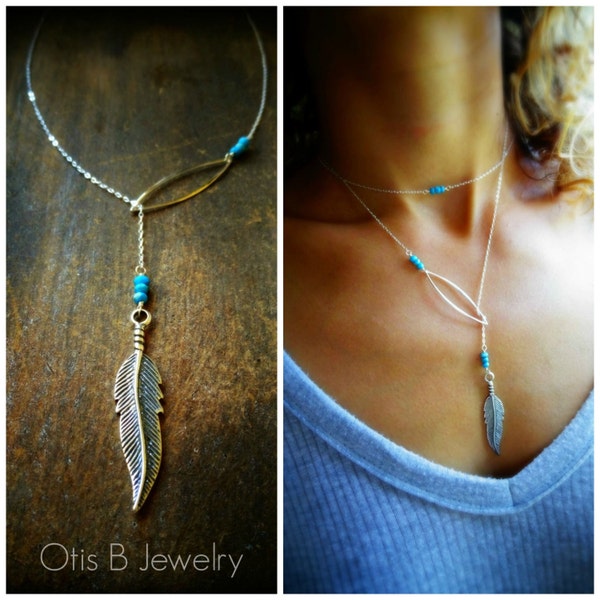 Boho Feather Y necklace, Turquoise layering necklace set, sterling silver feather necklace, tribal style, two necklaces, boho gift for her