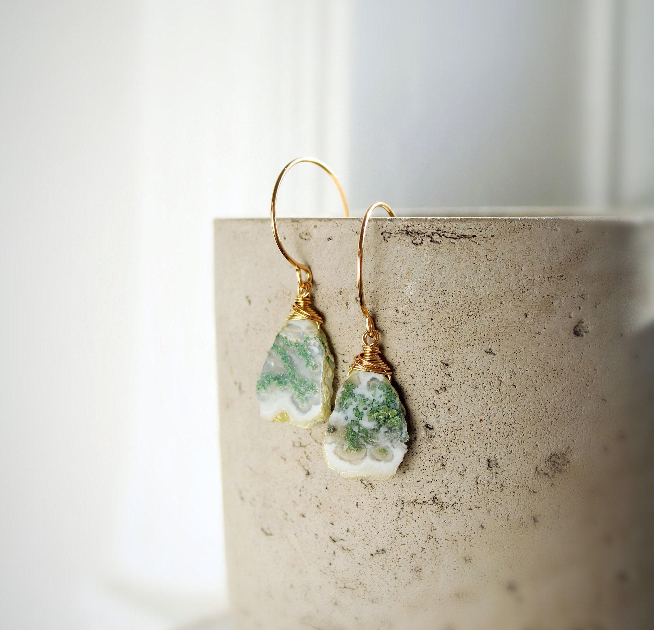 Moss agate dangle earrings, rough cut raw gemstone earrings, dainty hoop earrings, gift for her, sterling silver 14k GF, green gemstones
