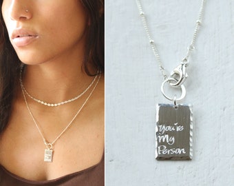 Personalized gift for her, Square tag necklace, custom had stamped rectangle pendant charm necklaces for women, anniversary gift for wife
