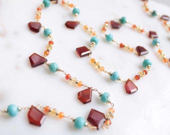 Mixed Gemstone chain, multi stone necklace, gemstone choker in fall colors, garnet, turquoise, citrine & carnelian,