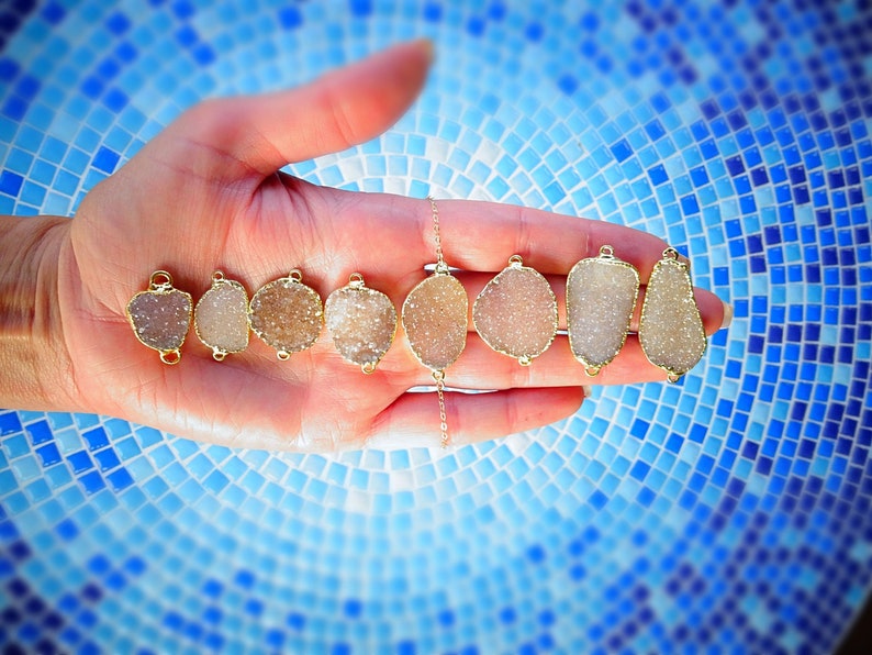neutral color tan brown druzy crystal cluster raw agate druzy pendant necklace Gold edged druzy necklace natural crystal druzy necklace