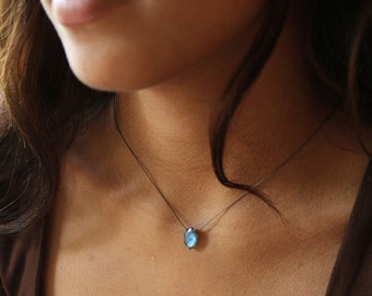 Delicate Labradorite pendant necklace, minimalist necklace, natural gemstone jewelry, dainty choker, cord necklace, geometric jewelry,
