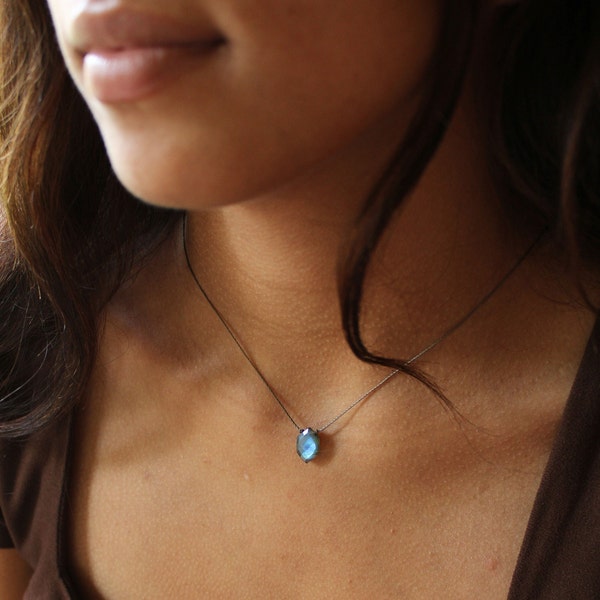Delicate Labradorite pendant necklace, minimalist necklace, natural gemstone jewelry, dainty choker, cord necklace, geometric jewelry,