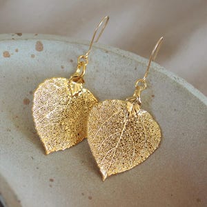 May include: A pair of gold-colored leaf earrings. The earrings are shaped like leaves with intricate vein detailing. They hang from delicate gold-colored ear wires. The earrings are displayed on a light gray surface.