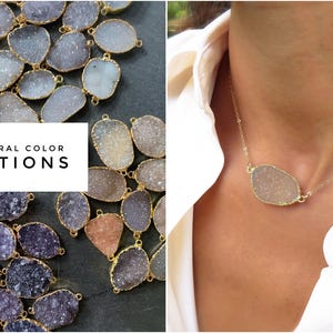 May include: A close-up of a variety of natural color agate gemstone pendants. The pendants are all different shapes and sizes, but they all have a similar rough, textured surface. The text "NATURAL COLOR OPTIONS" is visible at the top of the image.