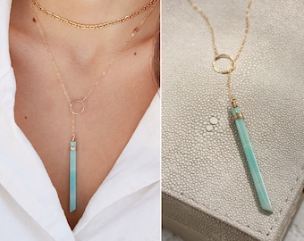 Long Amazonite necklace, vertical bar necklace, lariat Y necklace, minimal necklace, gem bar, long layering necklaces for women, 14k GF