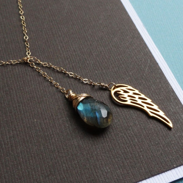 Gold Angel Wing Necklace, gemstone y  Necklace, Labradorite Necklace, labradorite jewelry, bird wing necklace, gift for her, remembrance