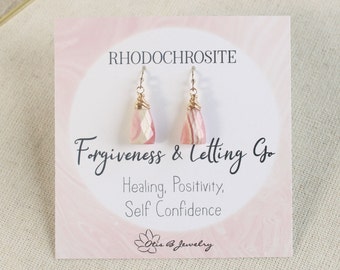 Rhodochrosite dangling earrings, wire wrapped rhodochrosite dangle earrings, self love, healing crystal jewelry, pink gemstone earrings