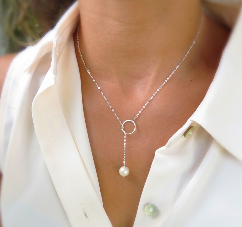 Delicate Silver Y necklace Pearl y necklace Lariat Necklace Etsy