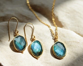 Ethereal Blue Labradorite matching necklace & earring set in gold, faceted gemstone jewelry gift set