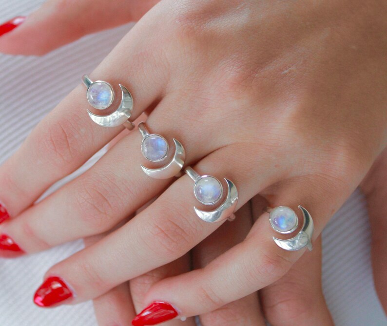 Sterlingzilveren maansikkel maansteenring, Tweeling cadeau, juni geboortesteen sieraden cadeau voor haar, hemelse sieraden, ringen voor vrouwen afbeelding 3