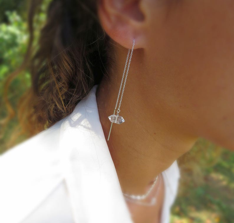 Sterling Silver Herkimer Diamond Threader Earrings, Raw Crystal Jewelry, April Birthstone image 6