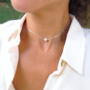 Zierliche Perlen Choker, Sterling Silber Halskette, Süßwasserperle, Verstellbar