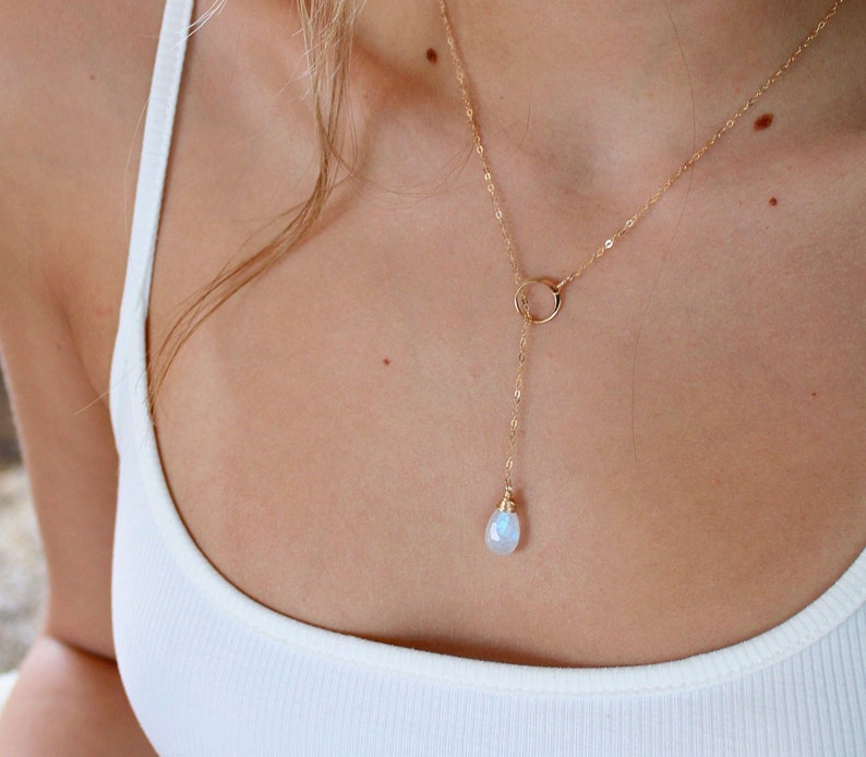 Moonstone jewelry, moonstone necklace, moonstone lariat, CUSTOMIZABLE gemstone necklace, gem drop necklace, rainbow moonstone necklace image 5