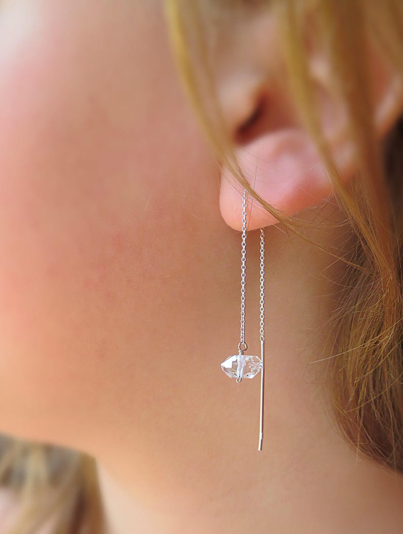 Sterling Silver Herkimer Diamond Threader Earrings, Raw Crystal Jewelry, April Birthstone image 5