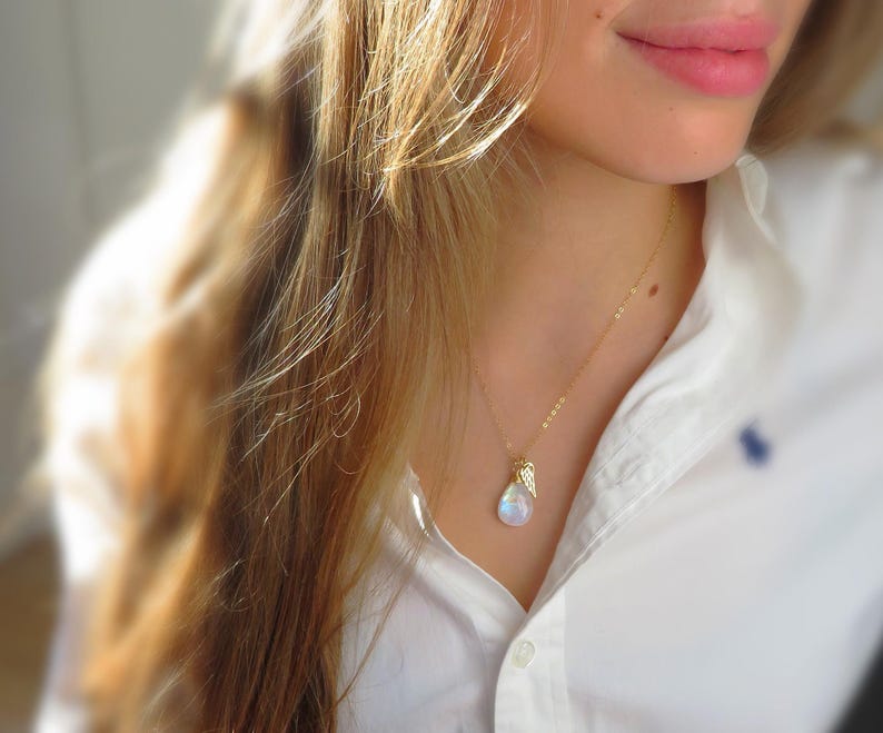 Angel wing charm necklace, Moonstone necklace, rainbow moonstone pendant, bereavement gift, sympathy gift for her, loss of loved on gift image 4