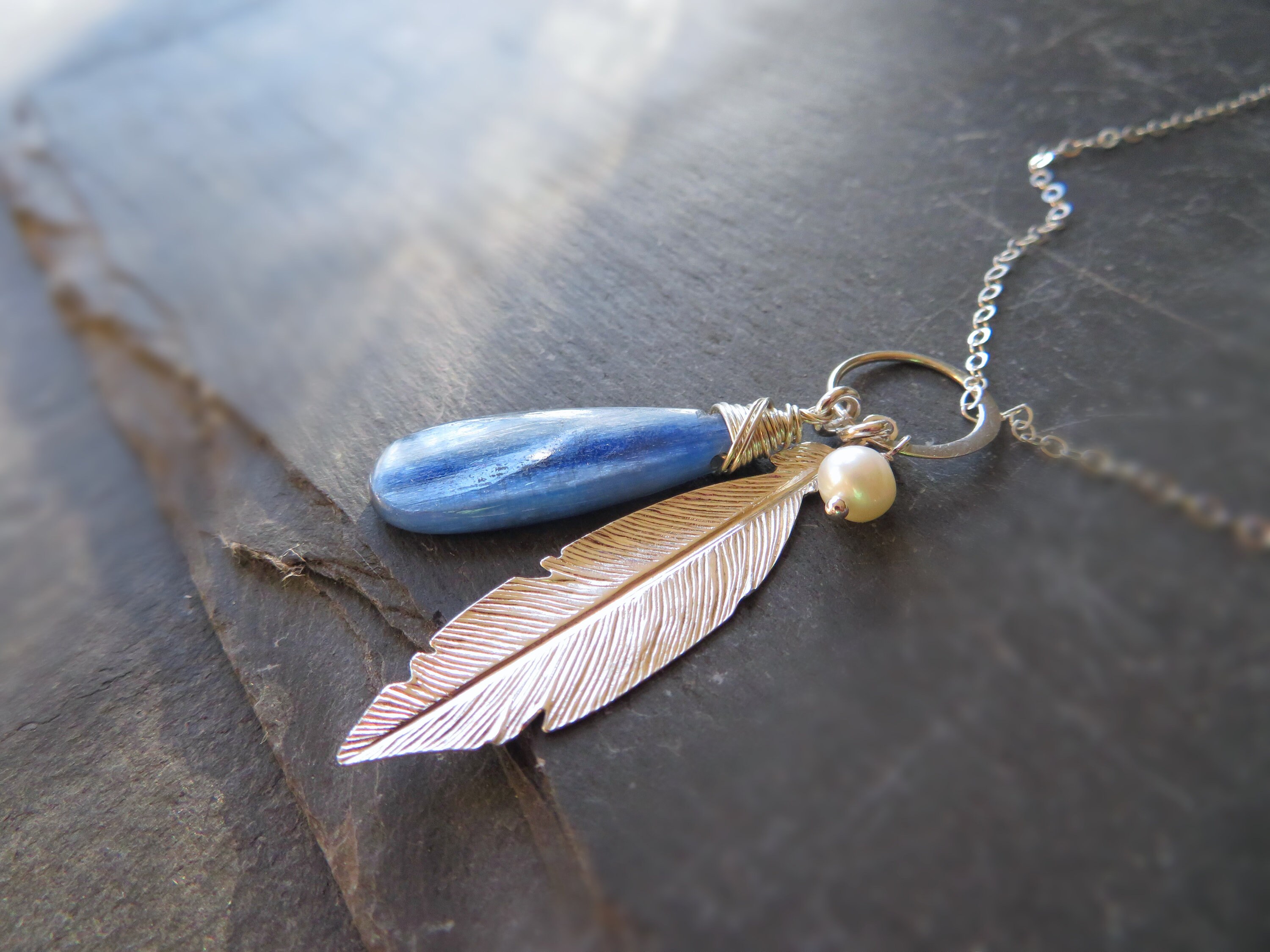 Boho Feather Necklace Kyanite Drop 