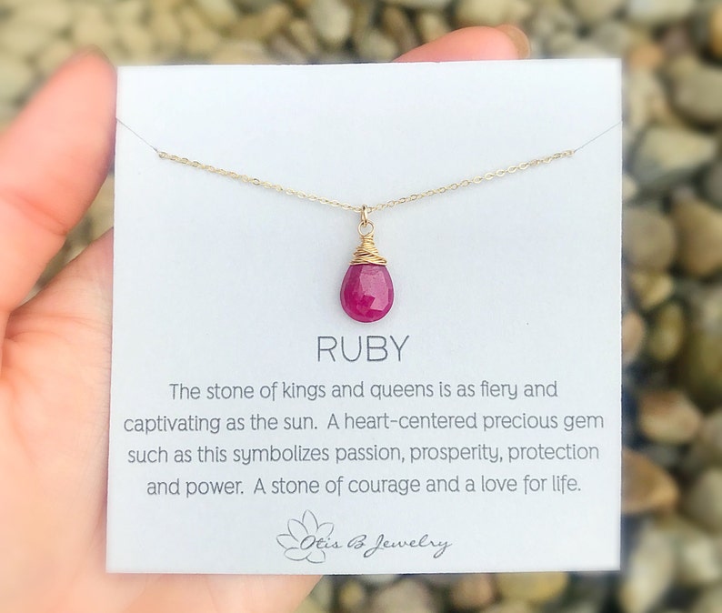 Genuine Faceted Red Ruby Solitaire Teardrop Pendant Necklace Image 0