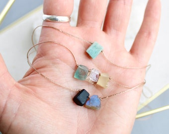 Custom stone necklace, raw gem necklace, hand knotted cord, floating crystal necklace, unisex jewelry, create your necklace, rough cut gems