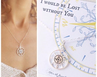 Lost without you necklace, compass pendant, compass necklace, compass charm , gift for long distance friendship, gift for wife, sister, BFF