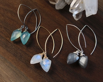 Long wire wrapped gemstone earrings, moonstone earrings, open hoop earrings, modern earrings, custom jewelry, natural stone earrings,